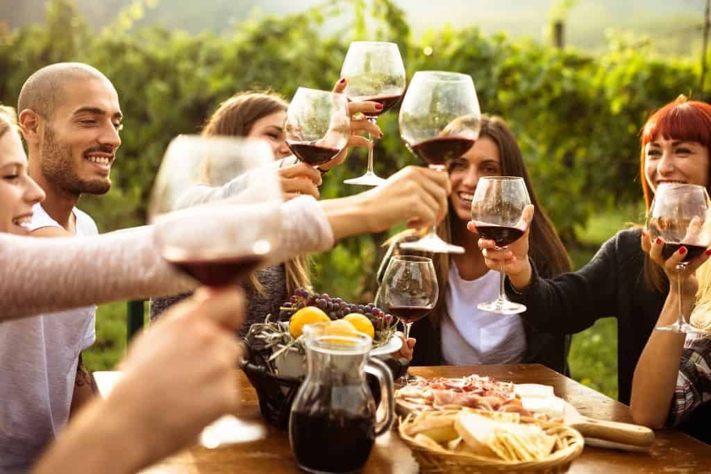 Group of friends toasting with red wine outdoors, enjoying a meal.