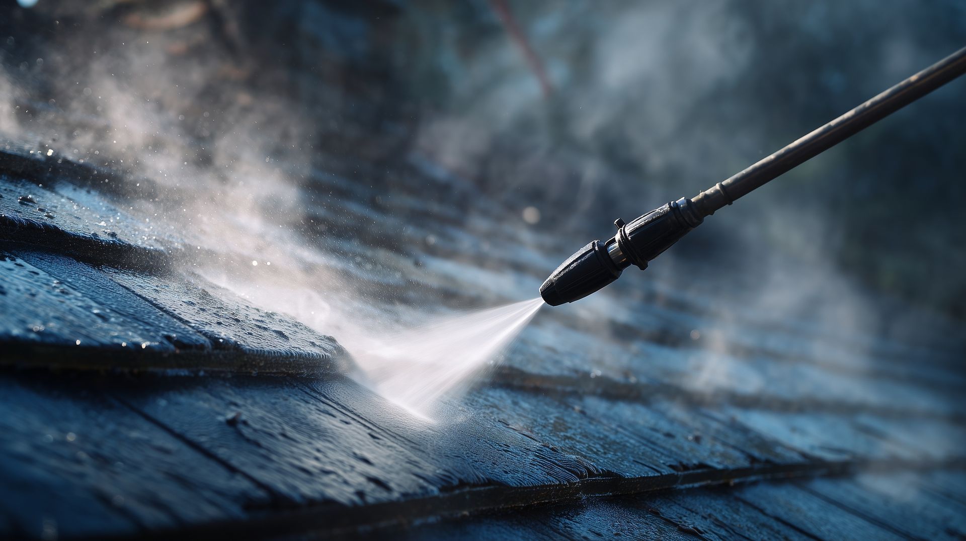 Worker soft washing a tiled roof in sunlight. Worker soft washing a tiled roof in sunlight.