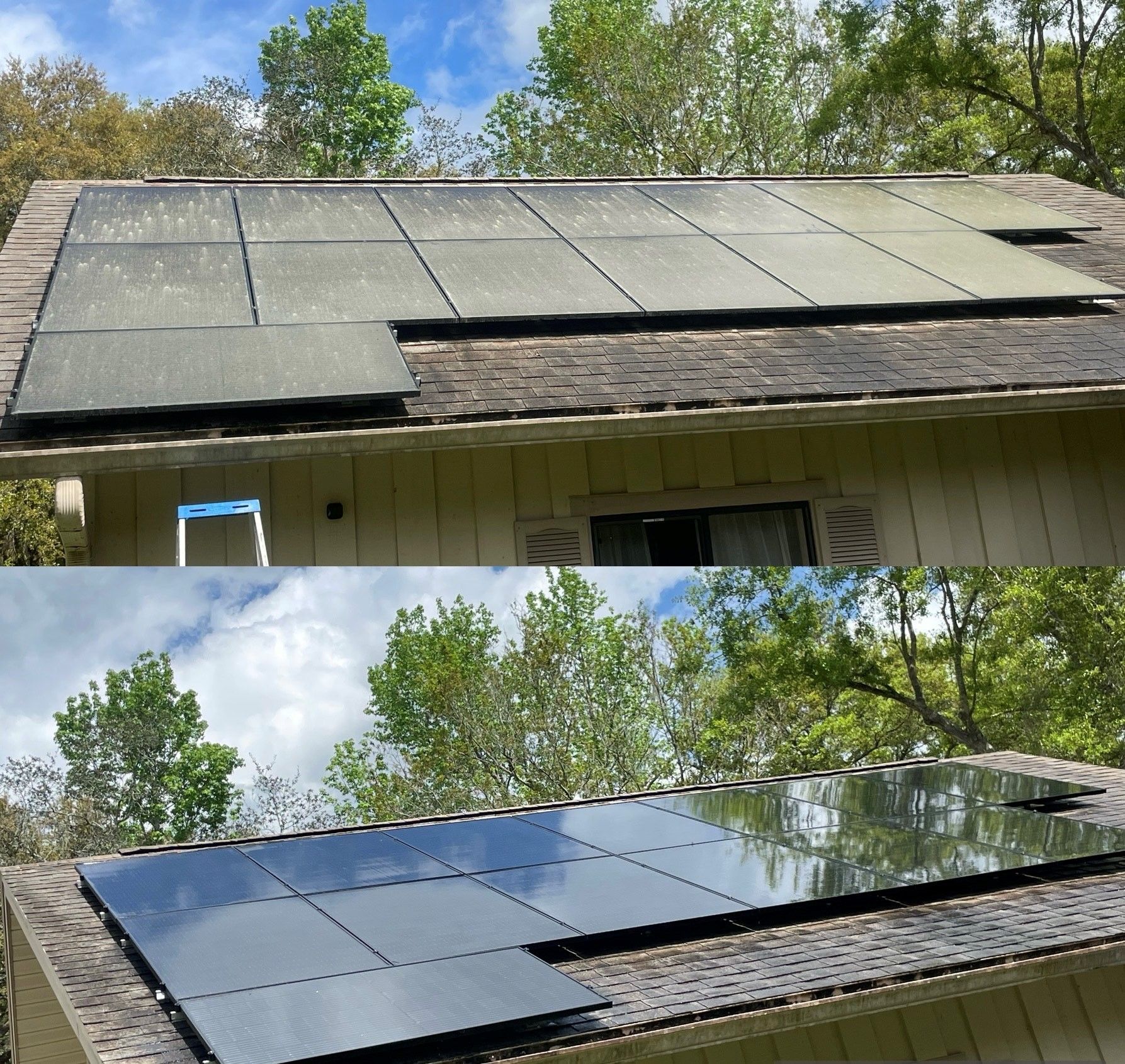 Before and after view of solar panels on a roof; dusty and dirty panels cleaned to a shiny, reflective surface.