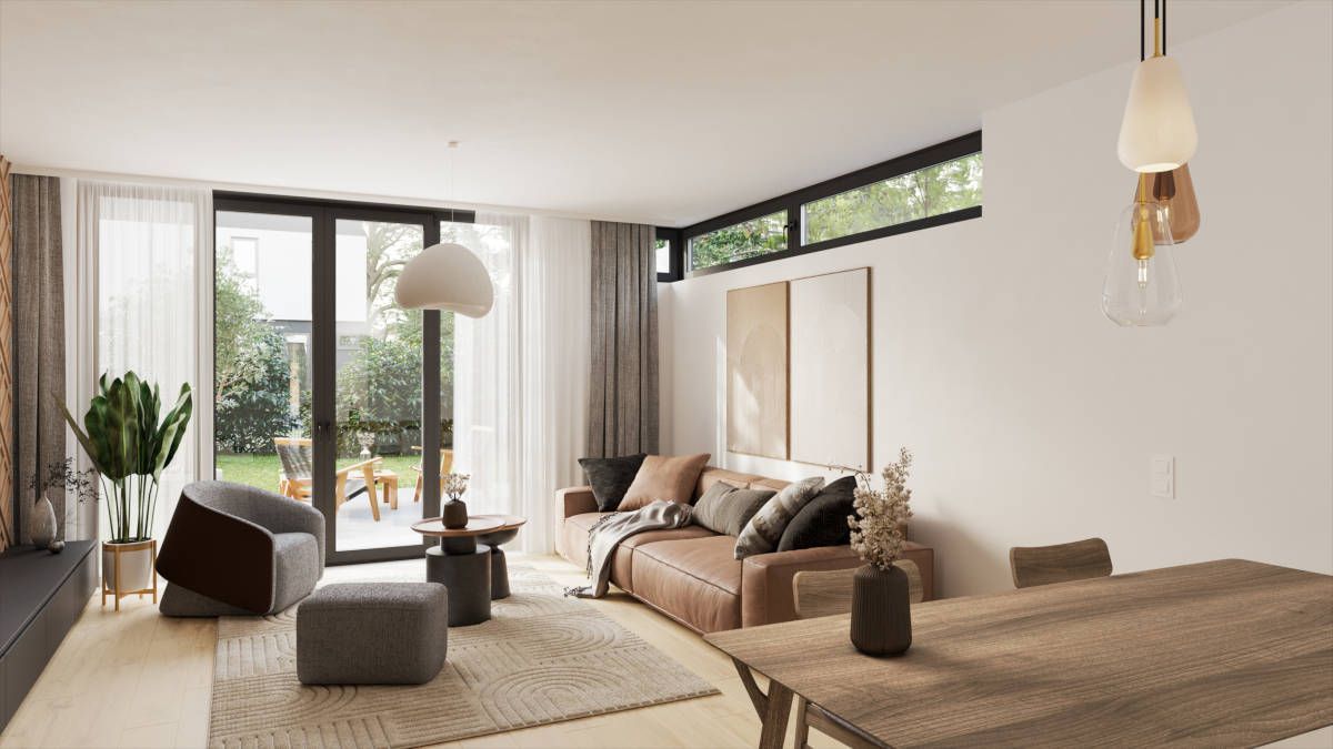 Bauprojekt Oak Garden in Fredersdorf-Vogelsdorf, Doppelhaushälfte Wohnzimmeransicht