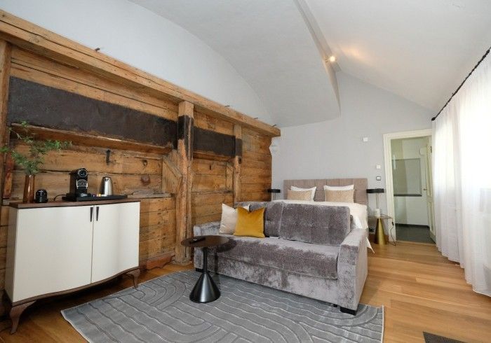 A living room with a couch and a bed