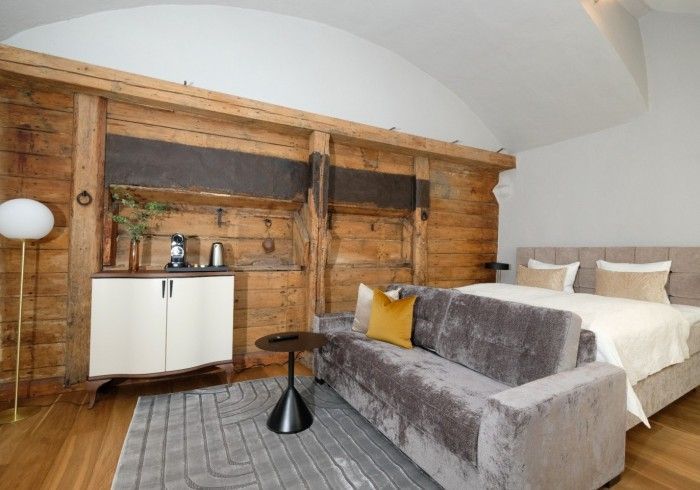 A living room with a couch and a bed