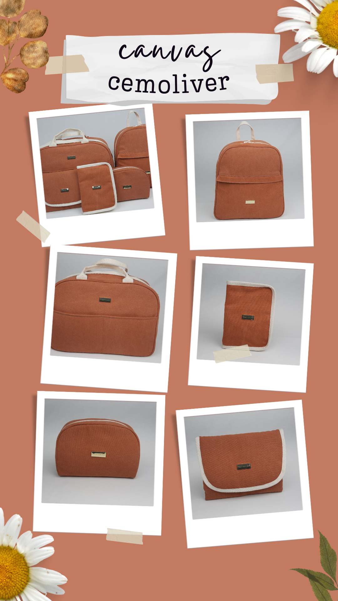 coleção original da empresa cemoliver em tecido com pormenores em fita sarjada com acessórios dourados