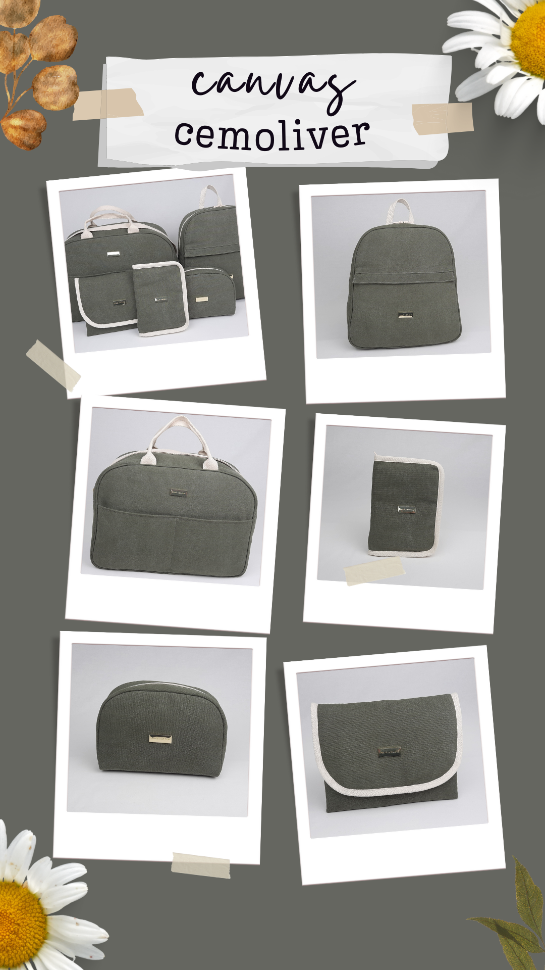 coleção original da empresa cemoliver em tecido com pormenores em fita sarjada com acessórios dourados