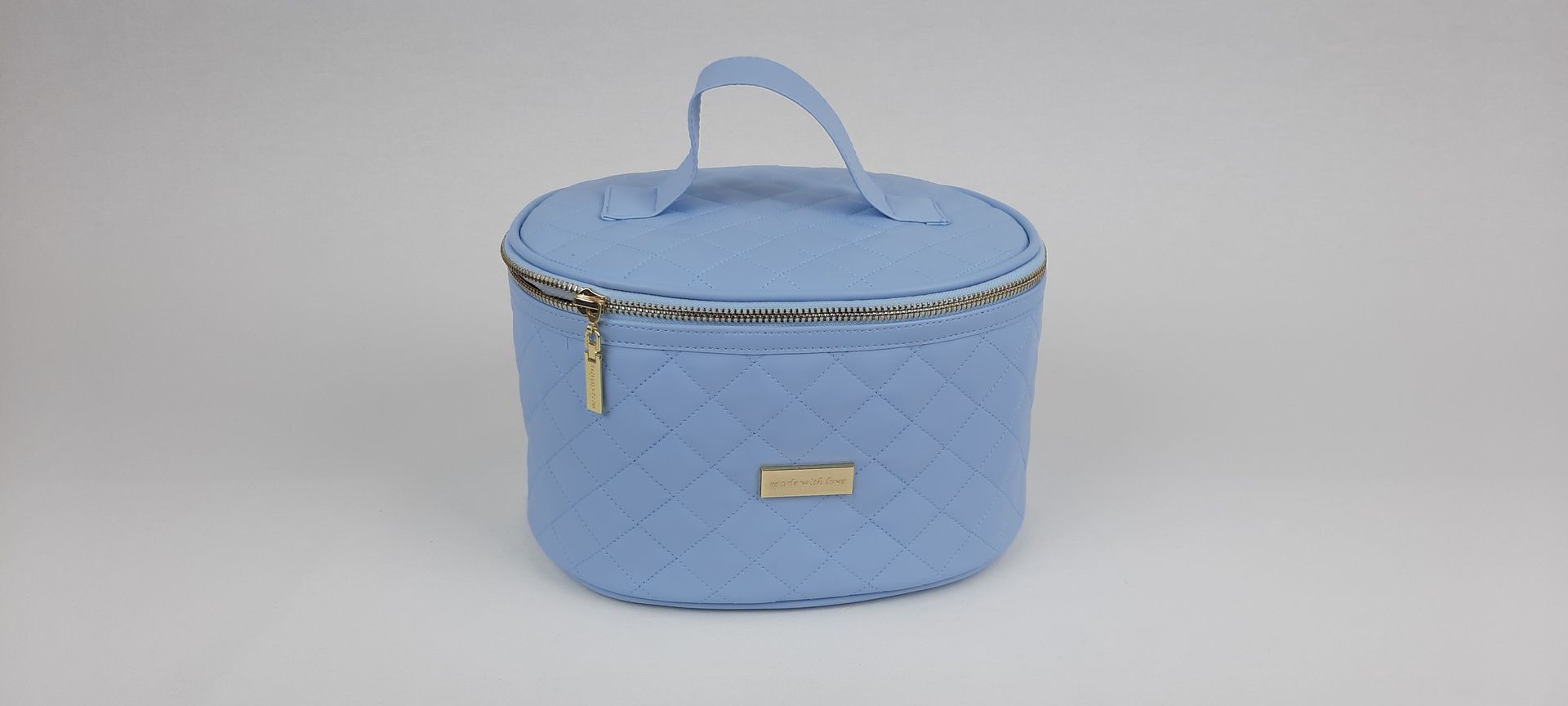 MALINHA TOILETTE OVAL PELE SINTÉTICA ACOLCHOADA COR AZUL ACESSÓRIOS DOURADOS