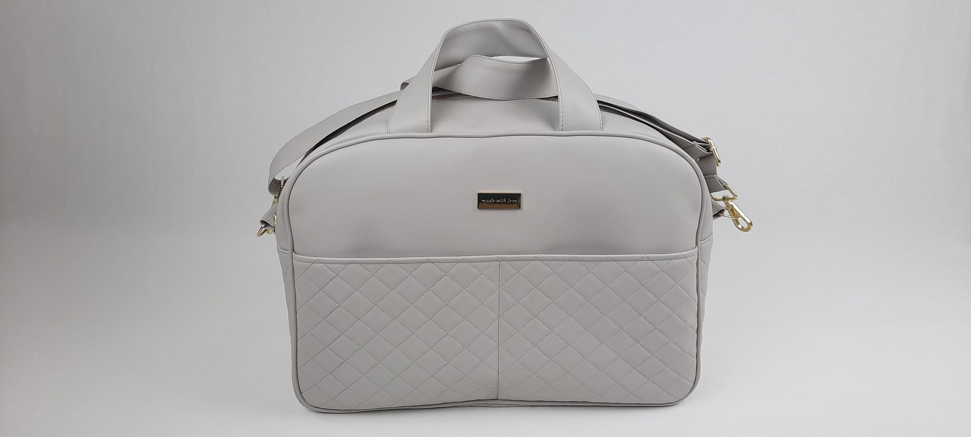 SACO MATERNIDADE NV5 PELE SINTÉTICA ACOLCHOADA COR CINZA ACESSÓRIOS DOURADOS 