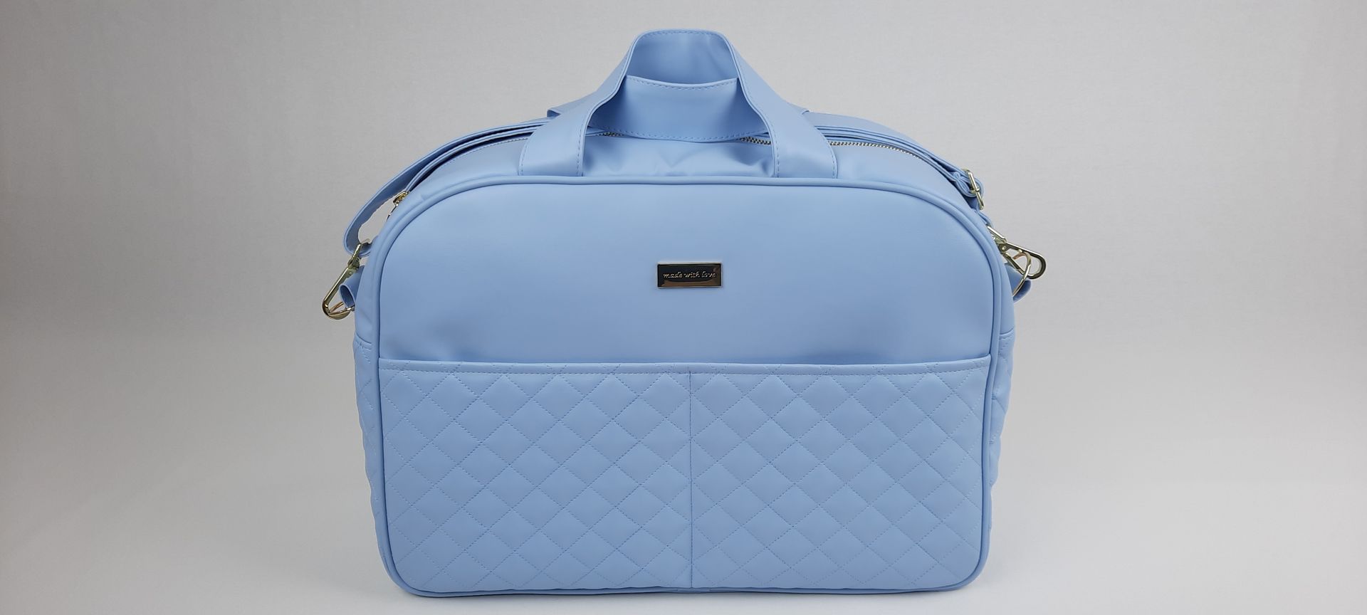 SACO MATERNIDADE NV5 PELE SINTÉTICA ACOLCHOADA COR AZUL ACESSÓRIOS DOURADOS 