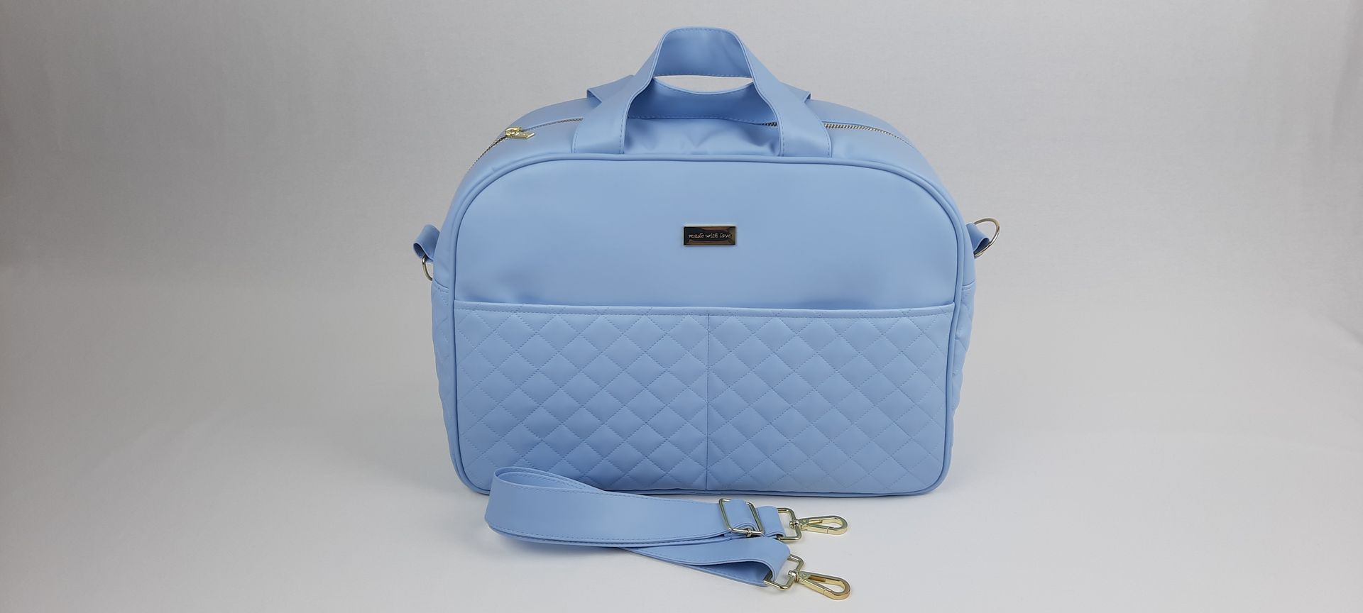 SACO MATERNIDADE NV5 PELE SINTÉTICA ACOLCHOADA COR AZUL ACESSÓRIOS DOURADOS 