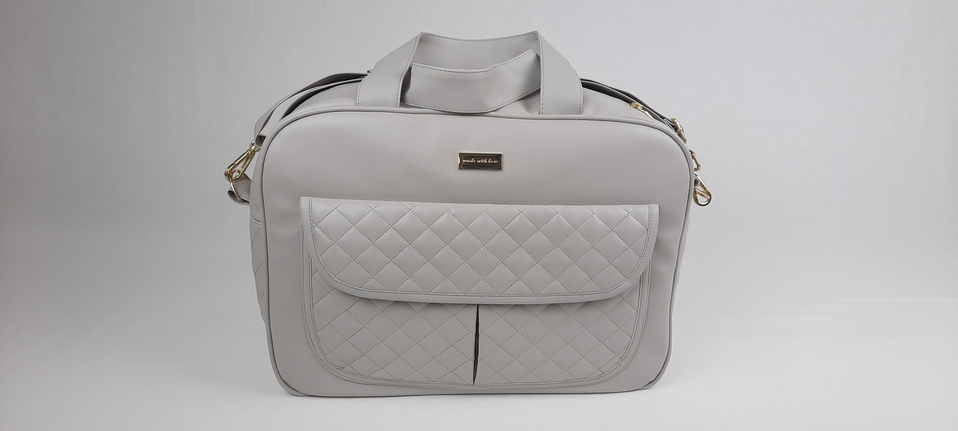 SACO MATERNIDADE NV6 PELE SINTÉTICA ACOLCHOADA COR CINZA ACESSÓRIOS DOURADOS