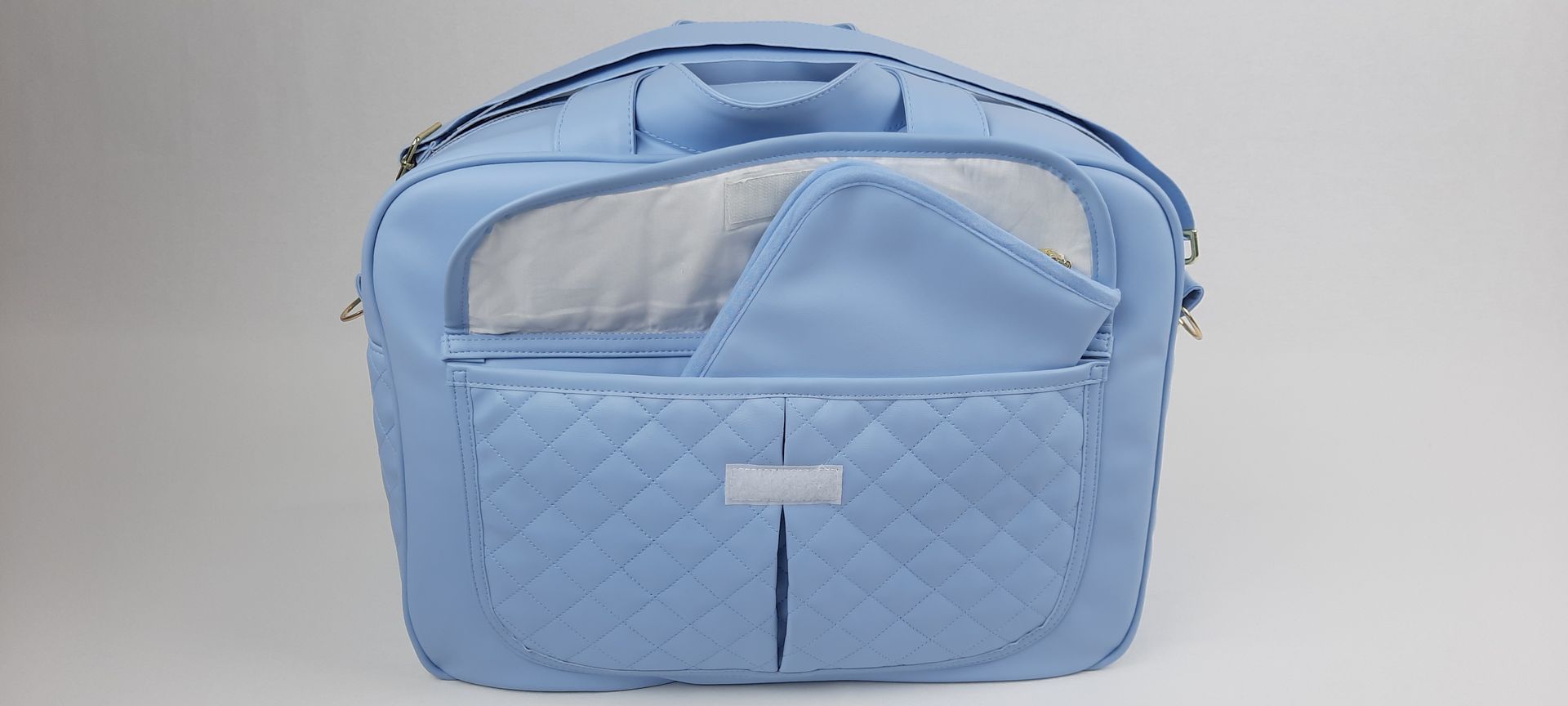 SACO MATERNIDADE NV6 PELE SINTÉTICA ACOLCHOADA COR AZUL ACESSÓRIOS DOURADOS