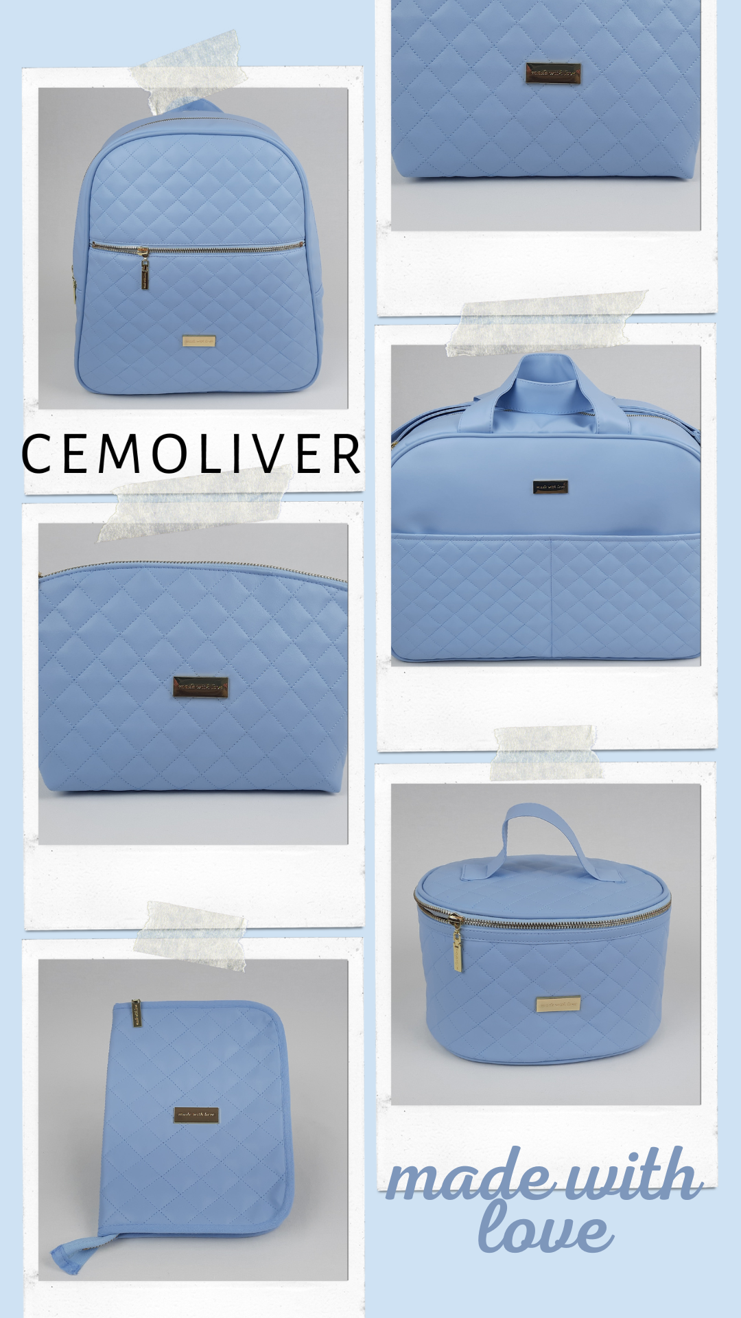 coleção original da empresa cemoliver em pele sintética acolchoada com acessórios dourados