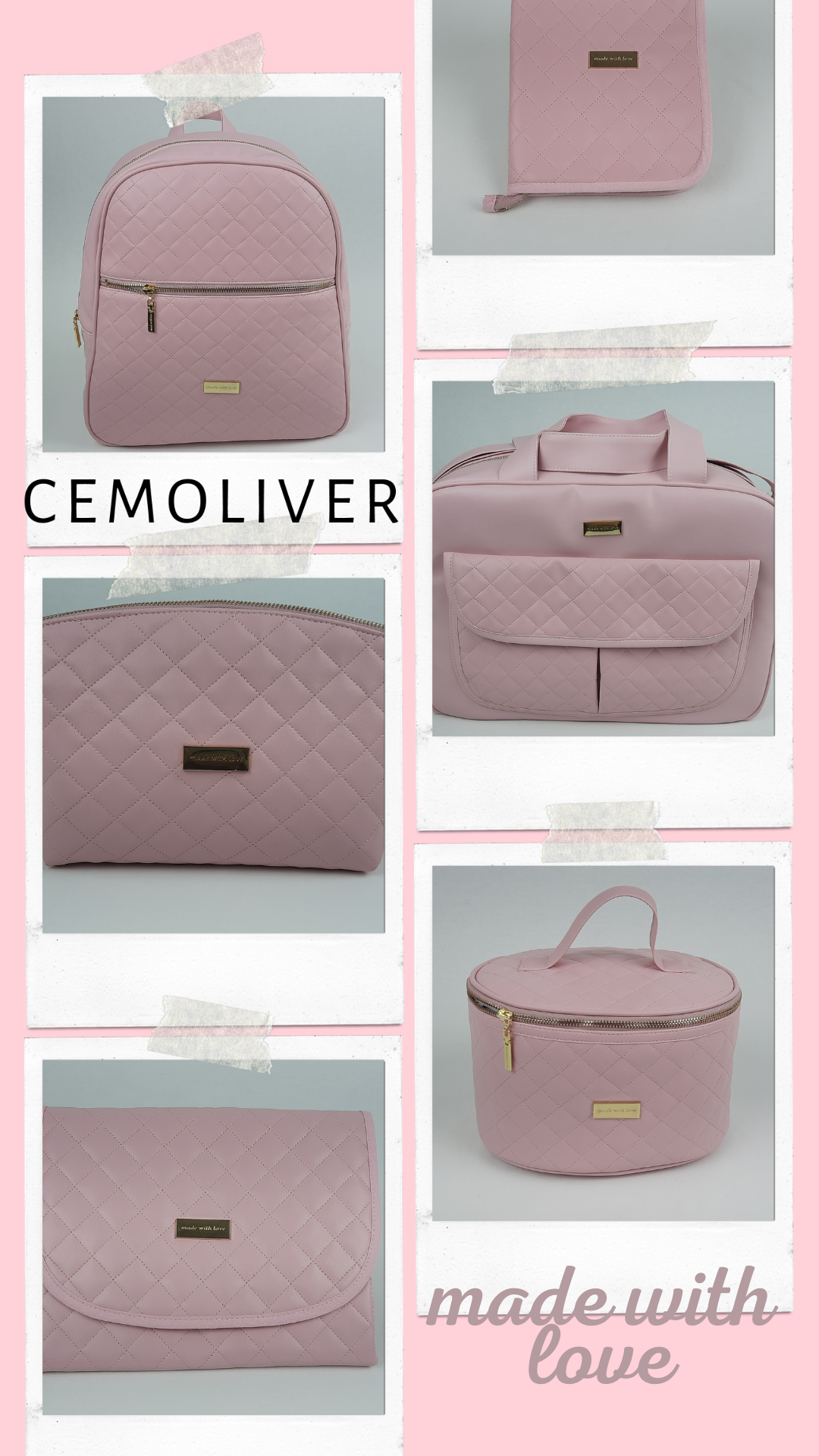 coleção original da empresa cemoliver em pele sintética acolchoada com acessórios dourados