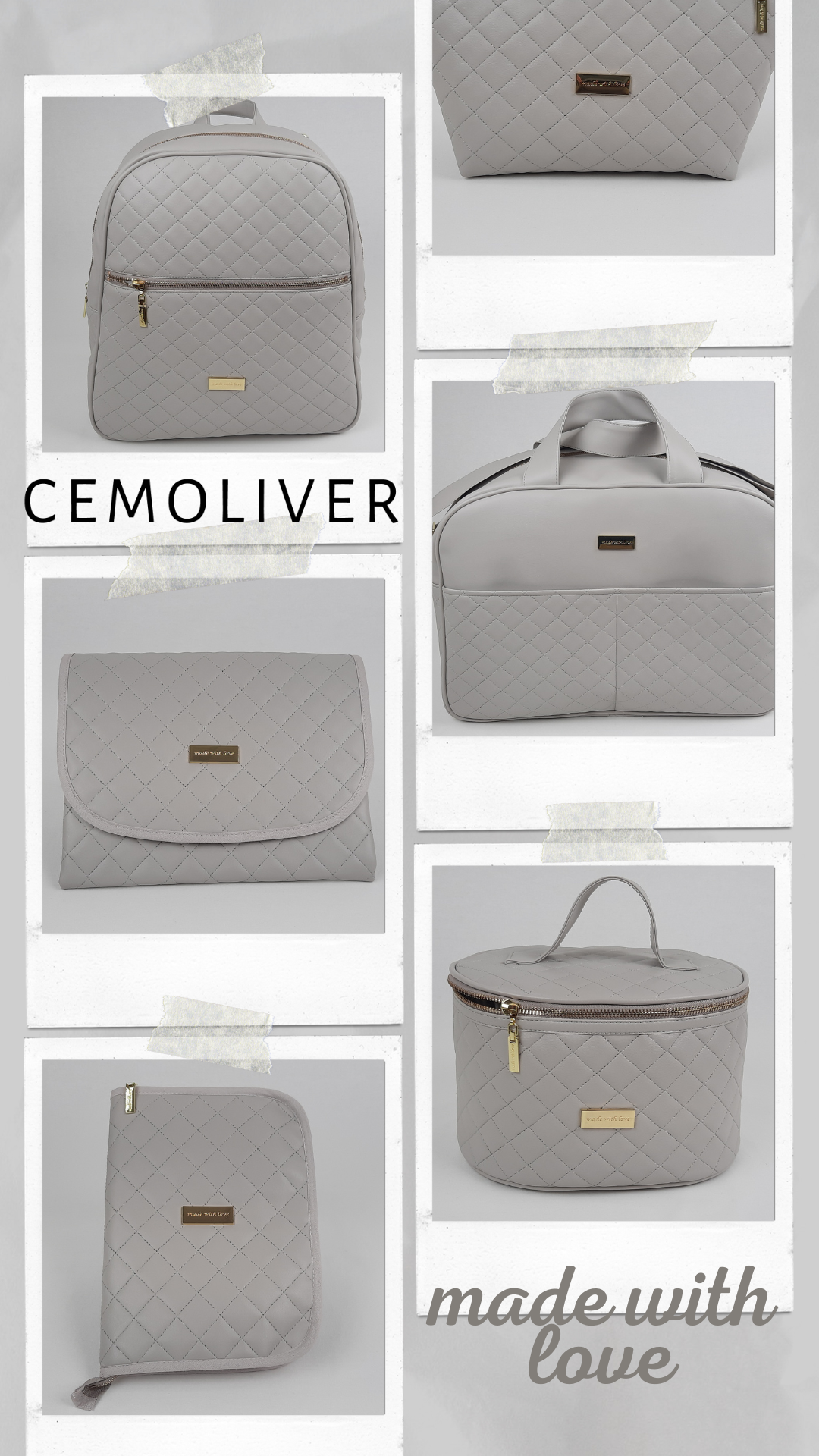 coleção original da empresa cemoliver em pele sintética acolchoada com acessórios dourados