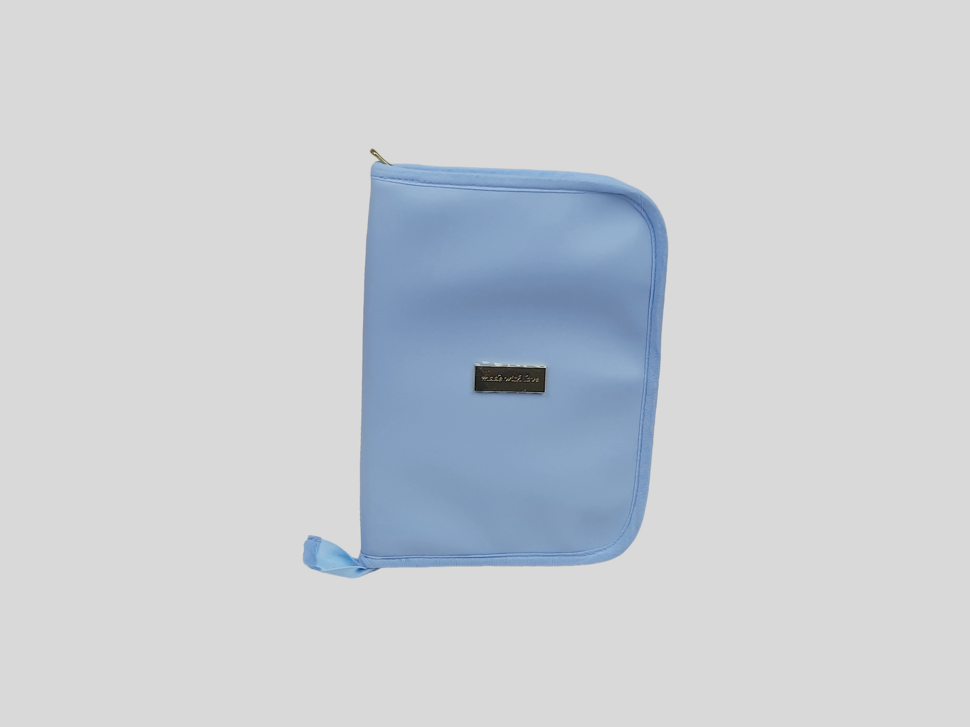 PORTA DOCUMENTOS PELE SINTÉTICA LISA COR AZUL COM FECHO DE CORRER, CHAPA DOURADA.