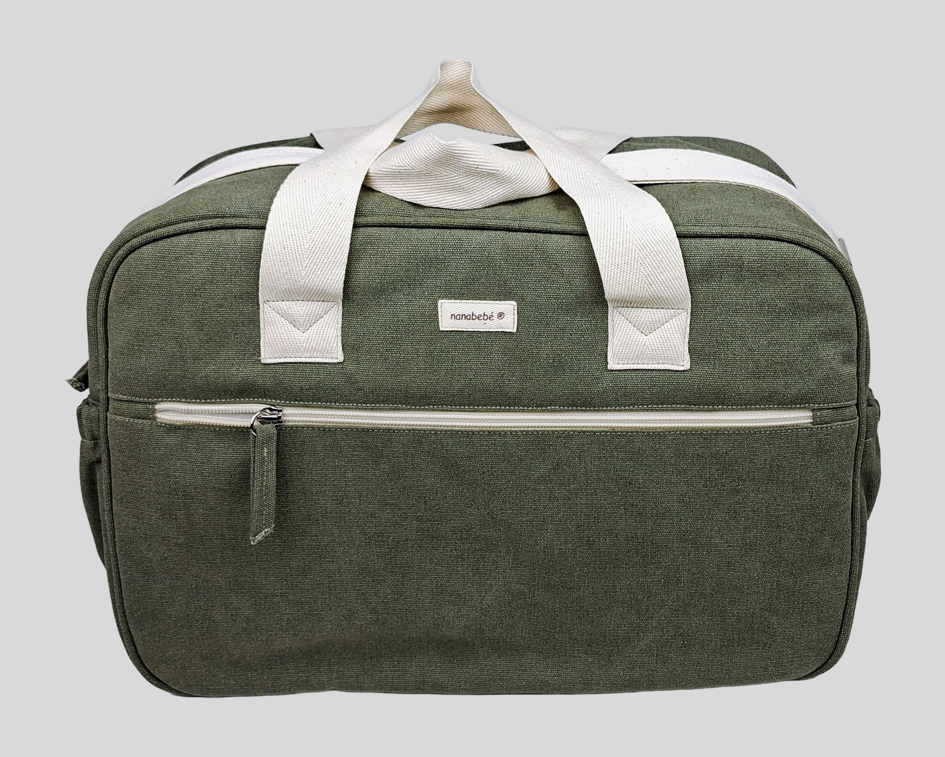 SACO MATERNIDADE COR VERDE COM BOLSO EXTERIOR À FRENTE E DOS LADOS, COM FECHO DE CORRER E ALÇA DE OMBRO AJUSTÁVEL