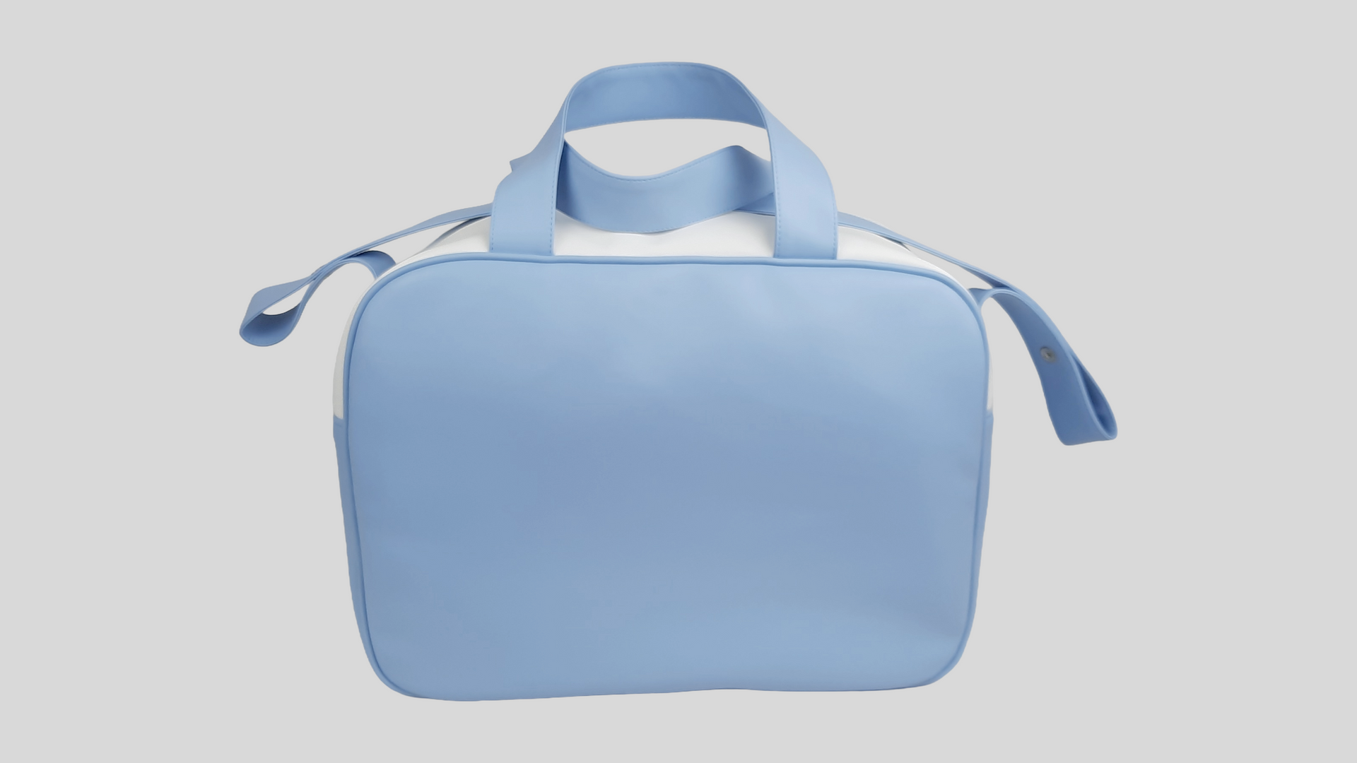 SACO MATERNIDADE PELE SINTÉTICA LISA COR AZUL BORDADO COROA COM BOLSO DE VELCRO EXTERIOR , FECHO DE CORRER E ALÇA DE OMBRO AJUSTÁVEL