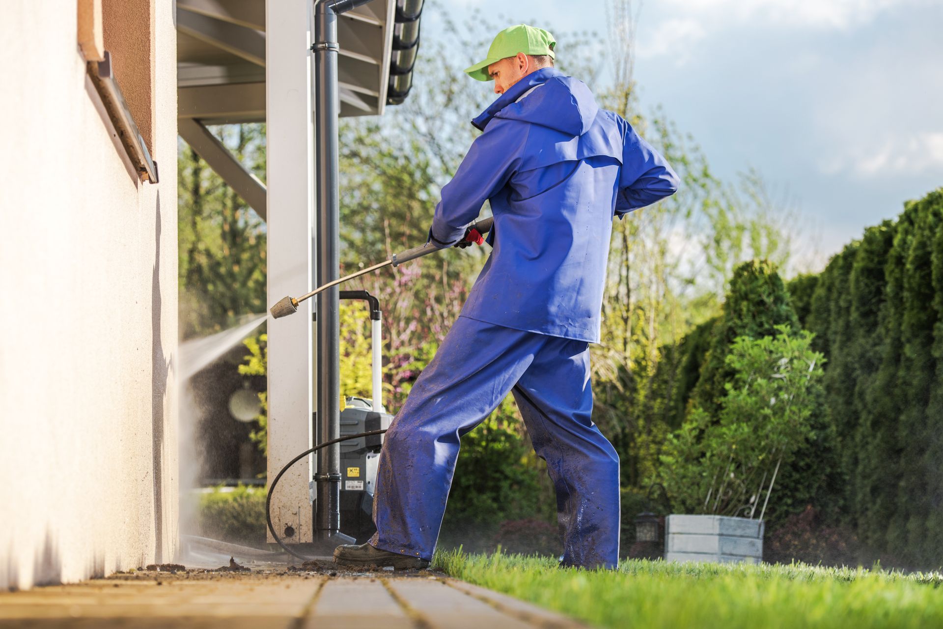 Man in blue coveralls power washing a house exterior.