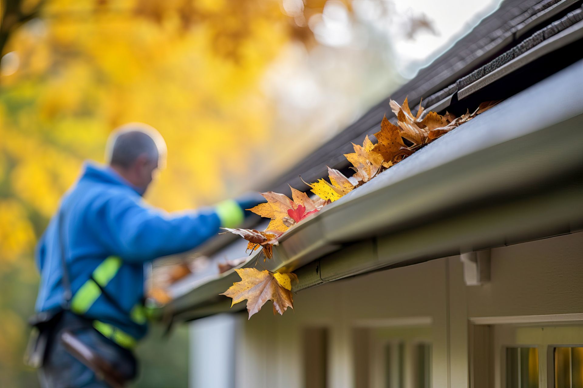 Man in blue jacket cleaning a gutter filled with autumn leaves.