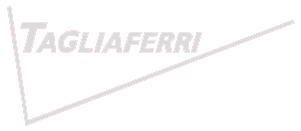 Logo per Tagliaferri, testo angolato con disegno geometrico in grigio sbiadito.