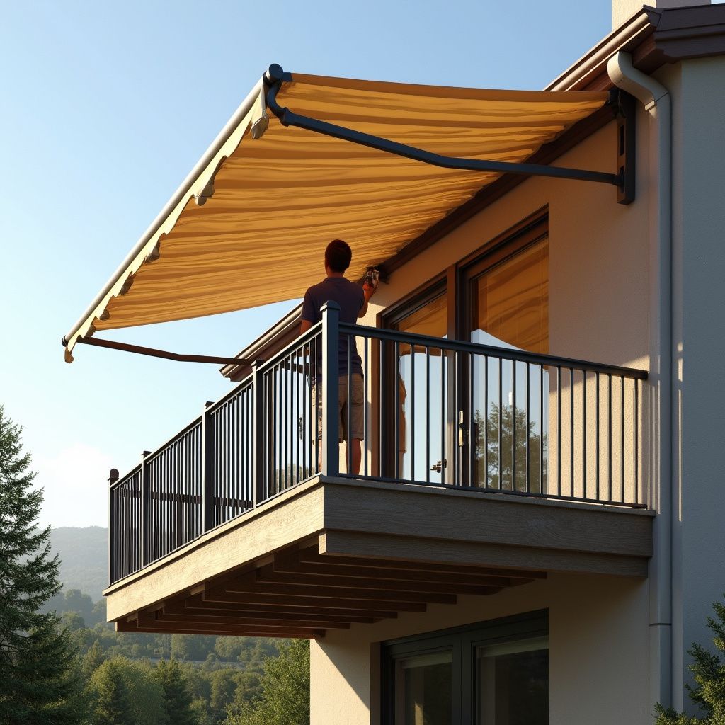 Una persona sistema una tenda da sole retrattile beige su un balcone. Il balcone ha una ringhiera nera ed è collegato a un edificio di colore chiaro.