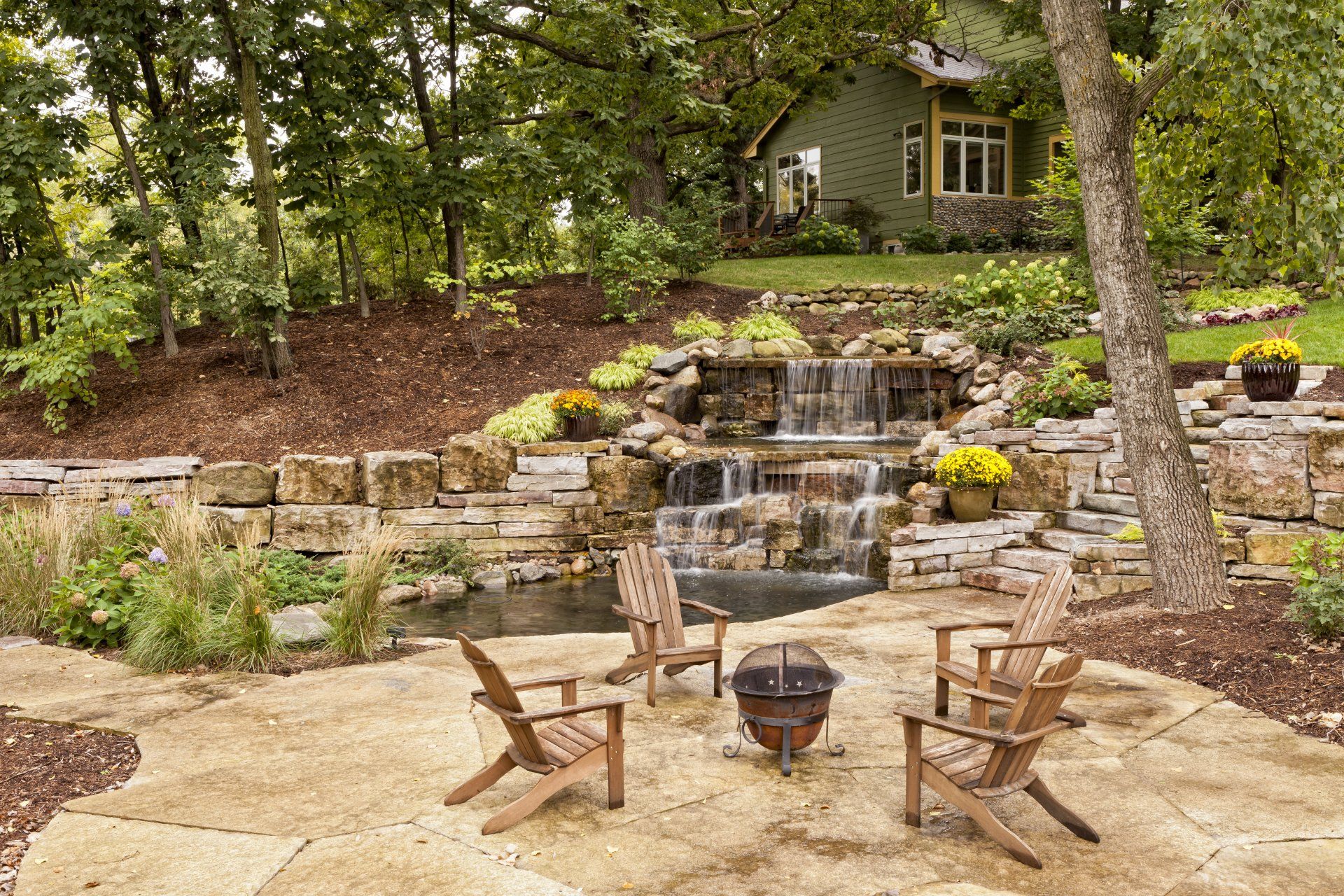 Custom Stone Work — Stone Wall, Steps and Planter on Colorful Garden in Morris Plains, NJ