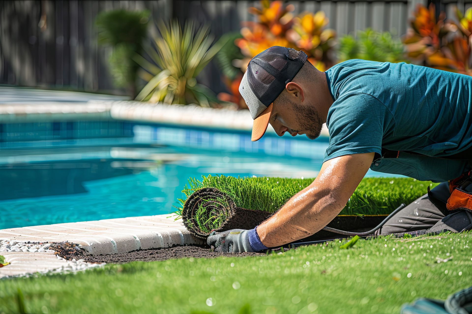 A professional residential landscaper installing a fresh sod lawn by a luxury backyard.