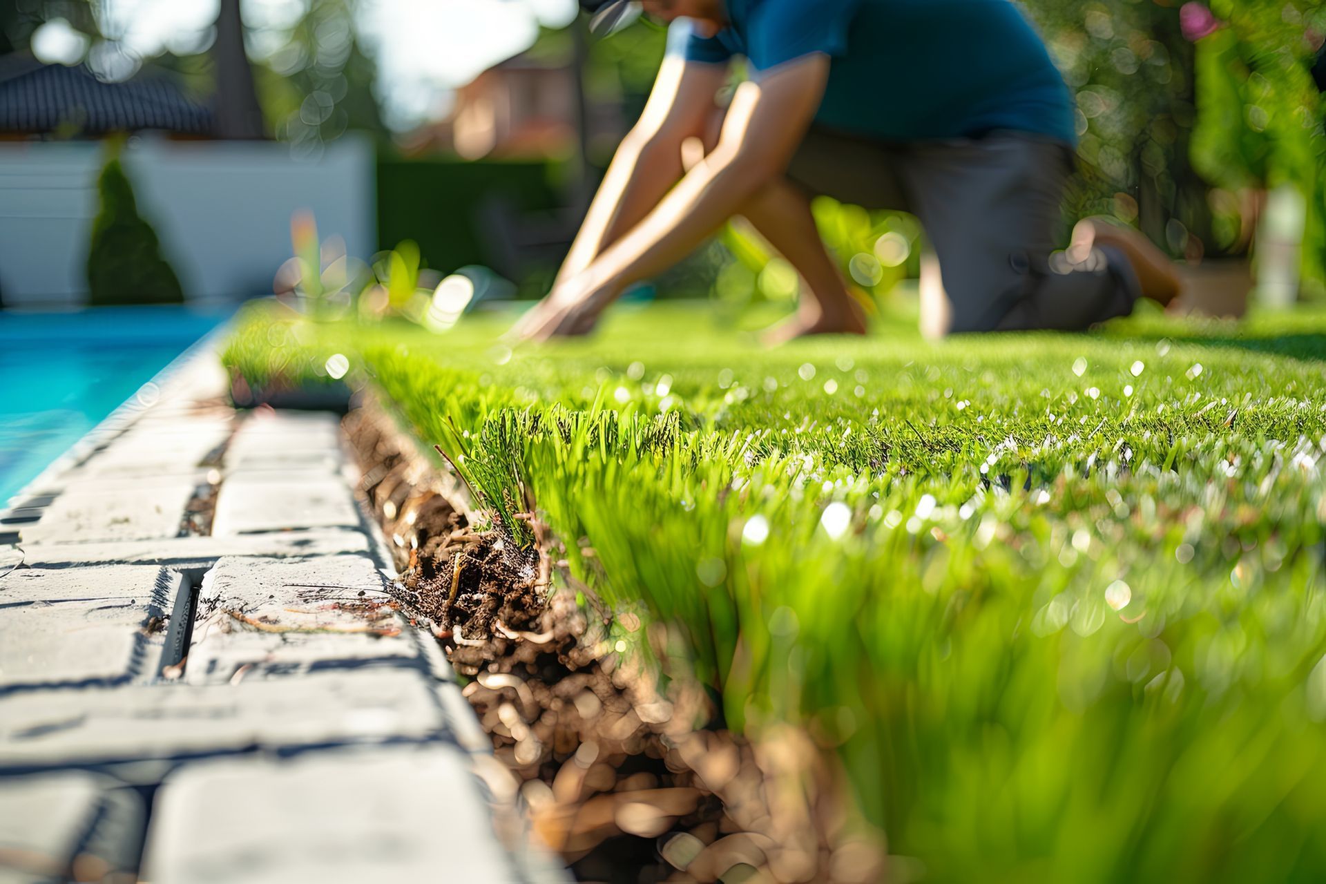 Close-up of a residential landscaper installing lush green sod along a stone pool deck.