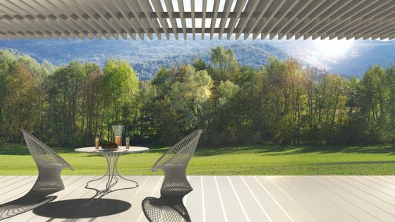 Decks — Minimalist Modern Terrace With Relax Area, Armchairs and Table for Breakfast, Panoramic Garden Meadow in Morris Plains, NJ