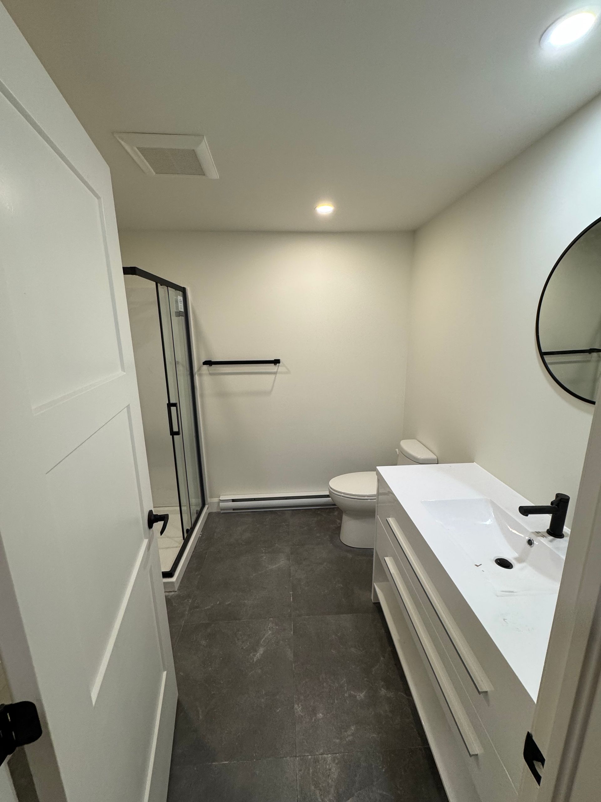 Une salle de bain avec lavabo, toilettes, douche et miroir