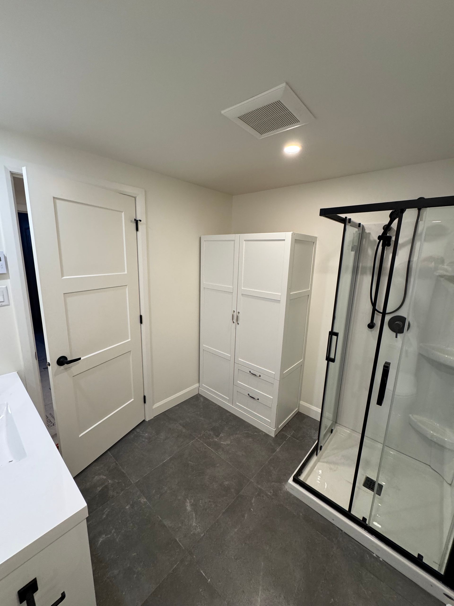 Une salle de bain avec douche à l'italienne et un placard.