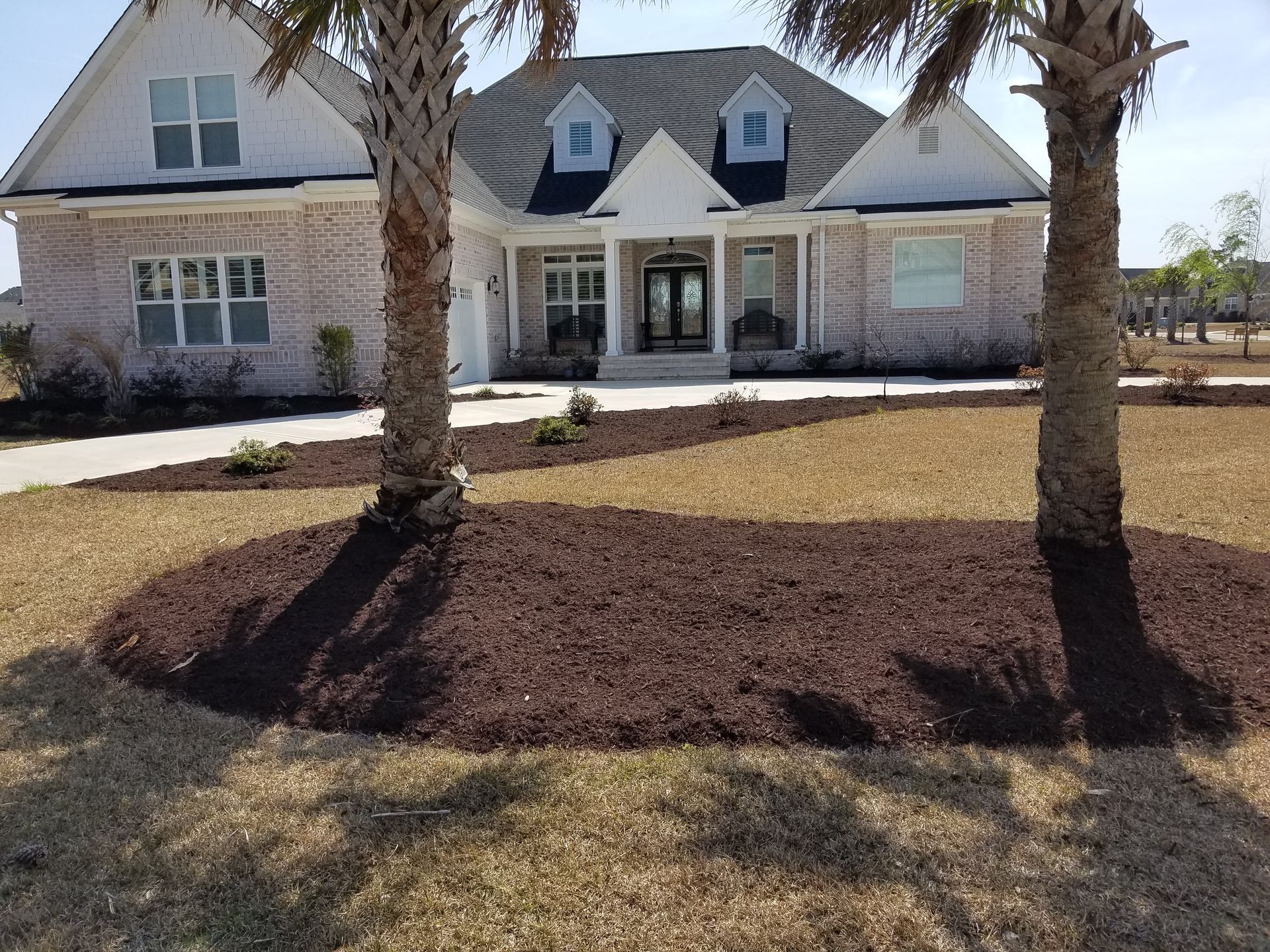 A light brick house with a landscaped yard featuring two palm trees in front.