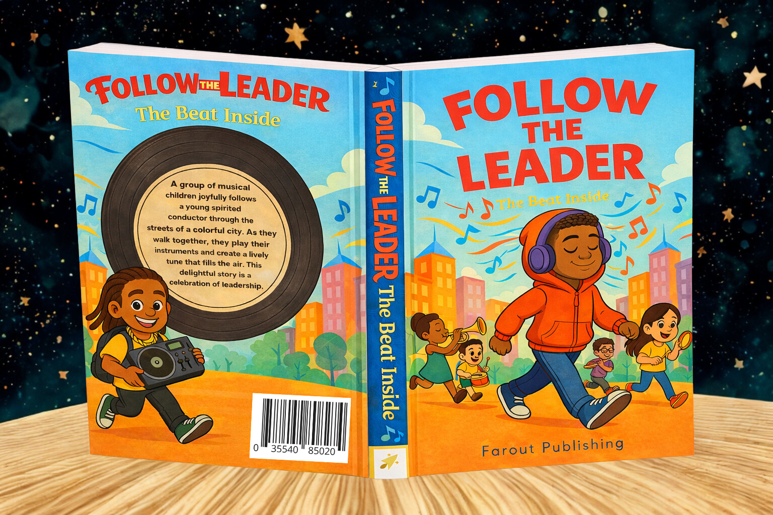 Open book: Boy with headphones leads others through a city. Cover art for 