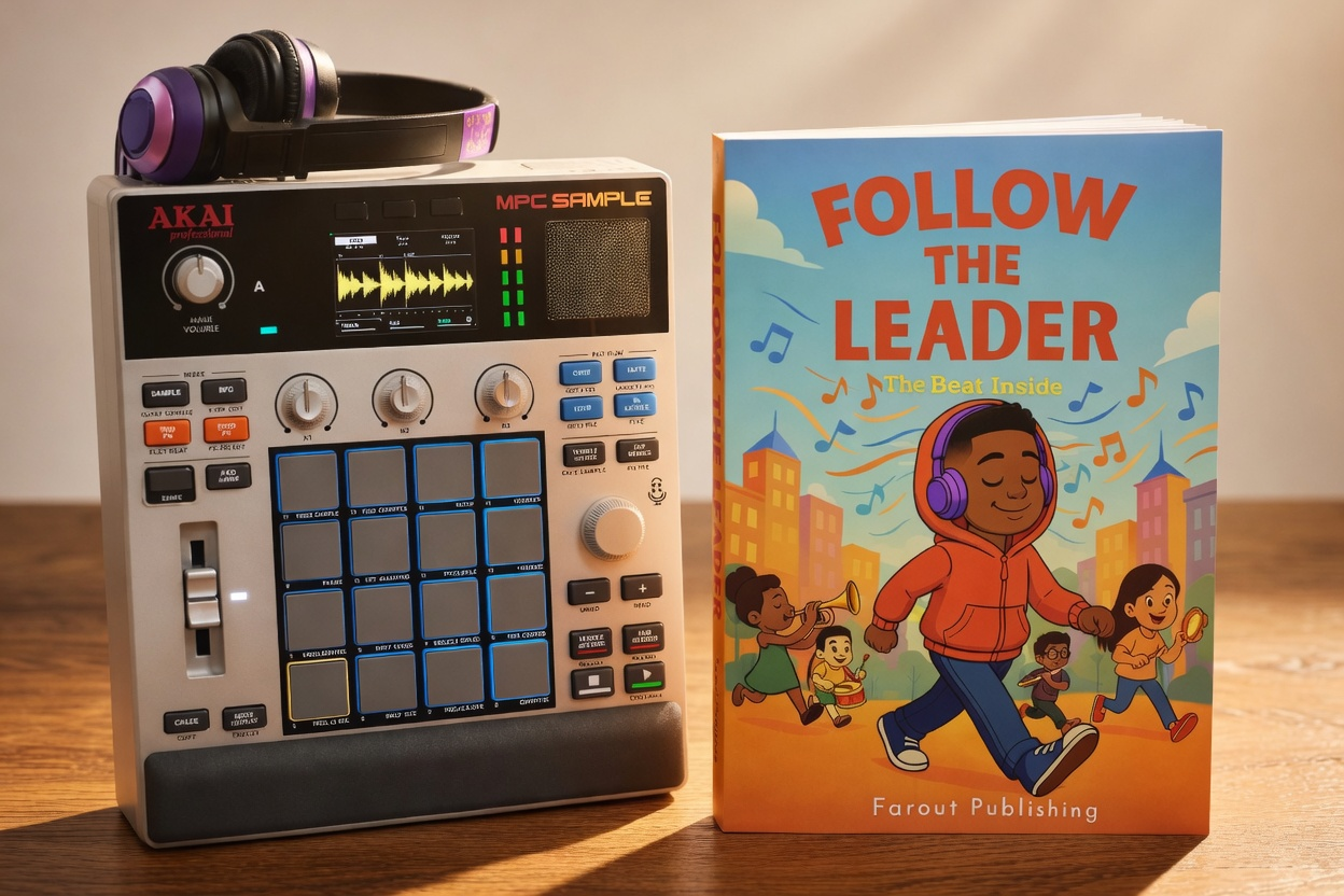 MPc controller beside the book “Follow the Leader” on a wooden table, with headphones on top.