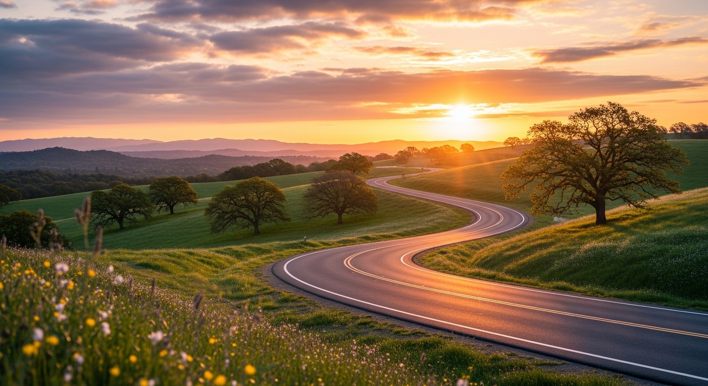 Winding road through rolling green hills at sunset; orange sun, trees, and wildflowers.