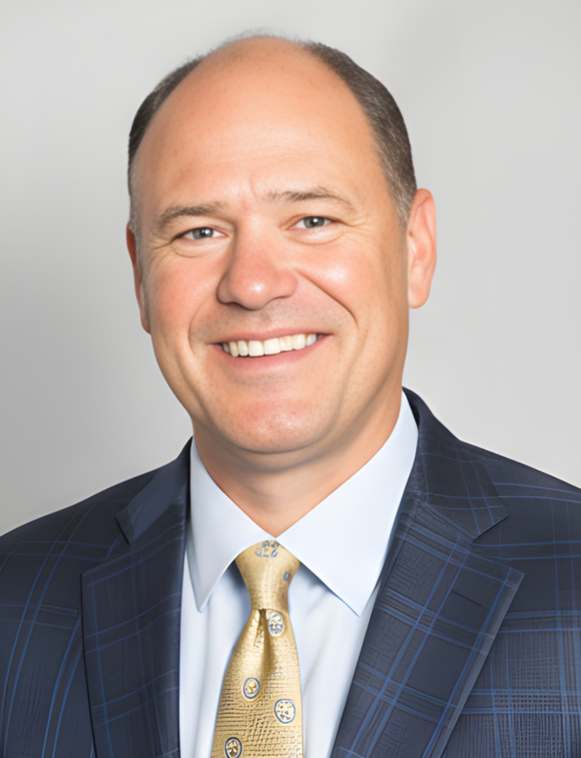 Man in blue suit, smiling, wearing a gold tie with a patterned design, neutral background.