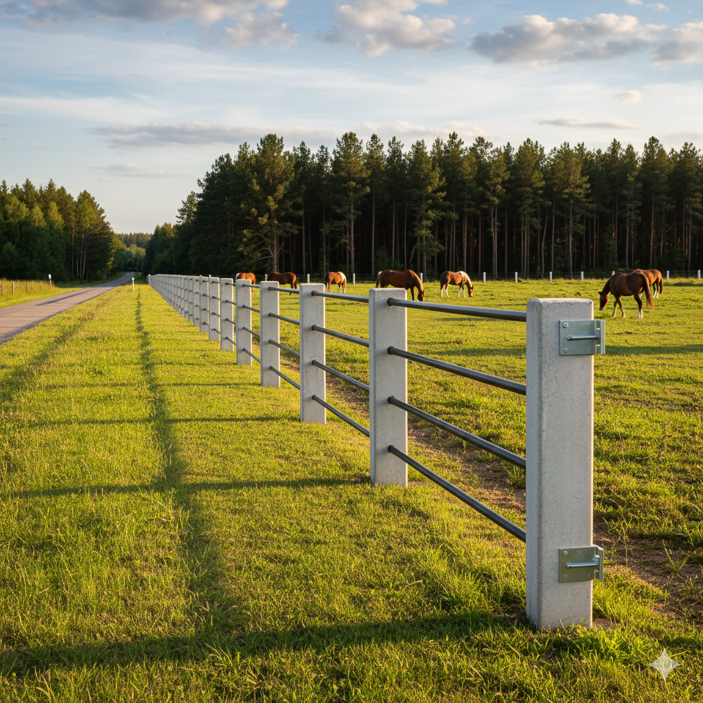 Concrete posts with metal rail fence a pasture where horses graze, showing proper fence installation