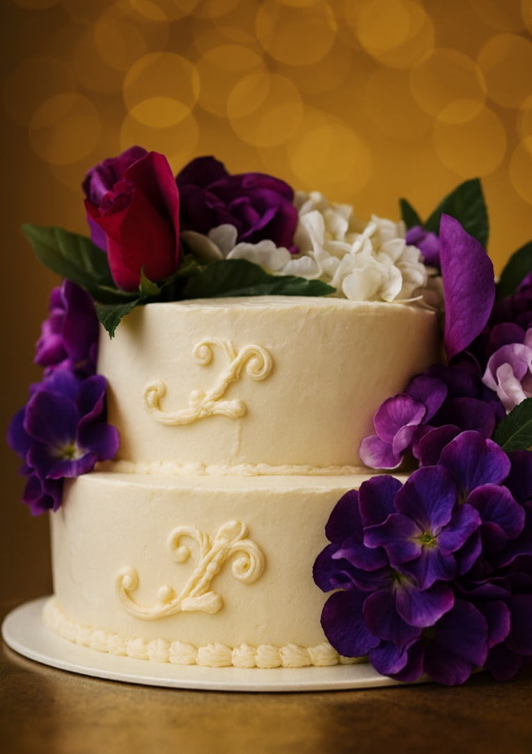 cake with purple and pink flowers