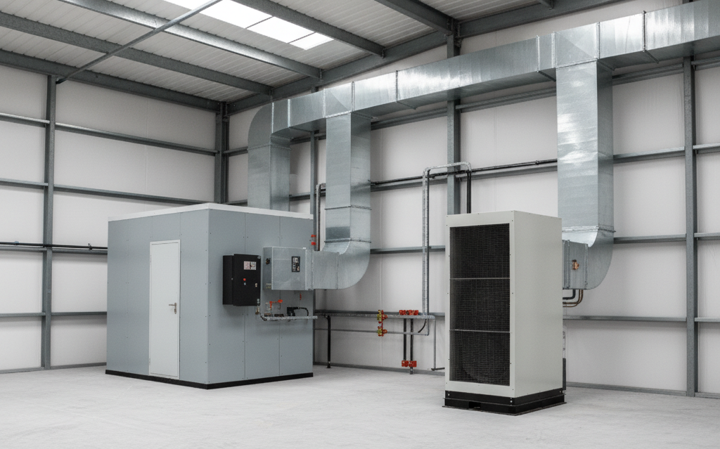 A mechanical room with ductwork, a large machine, and an enclosed cabinet.