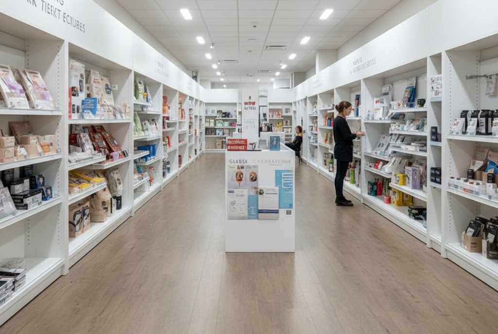 A well-lit store interior with white shelves stocked with products. A person browses a shelf.