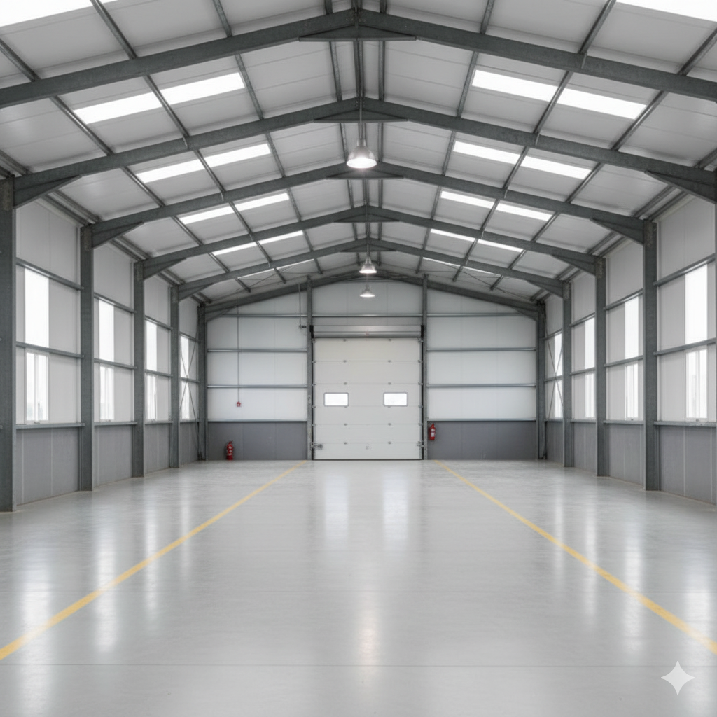 Empty, modern warehouse interior with white walls, grey floor, and overhead lighting.