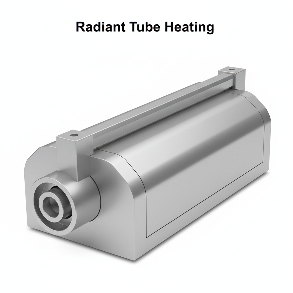 A 3D illustration of a sleek, modern industrial radiant tube heater, clean and metallic, with the text 