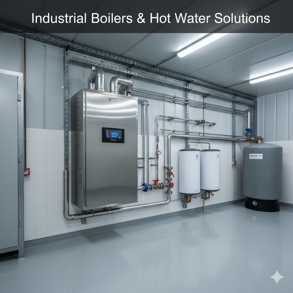 A clean, modern boiler room featuring a large, wall-mounted industrial boiler with a digital display showing 