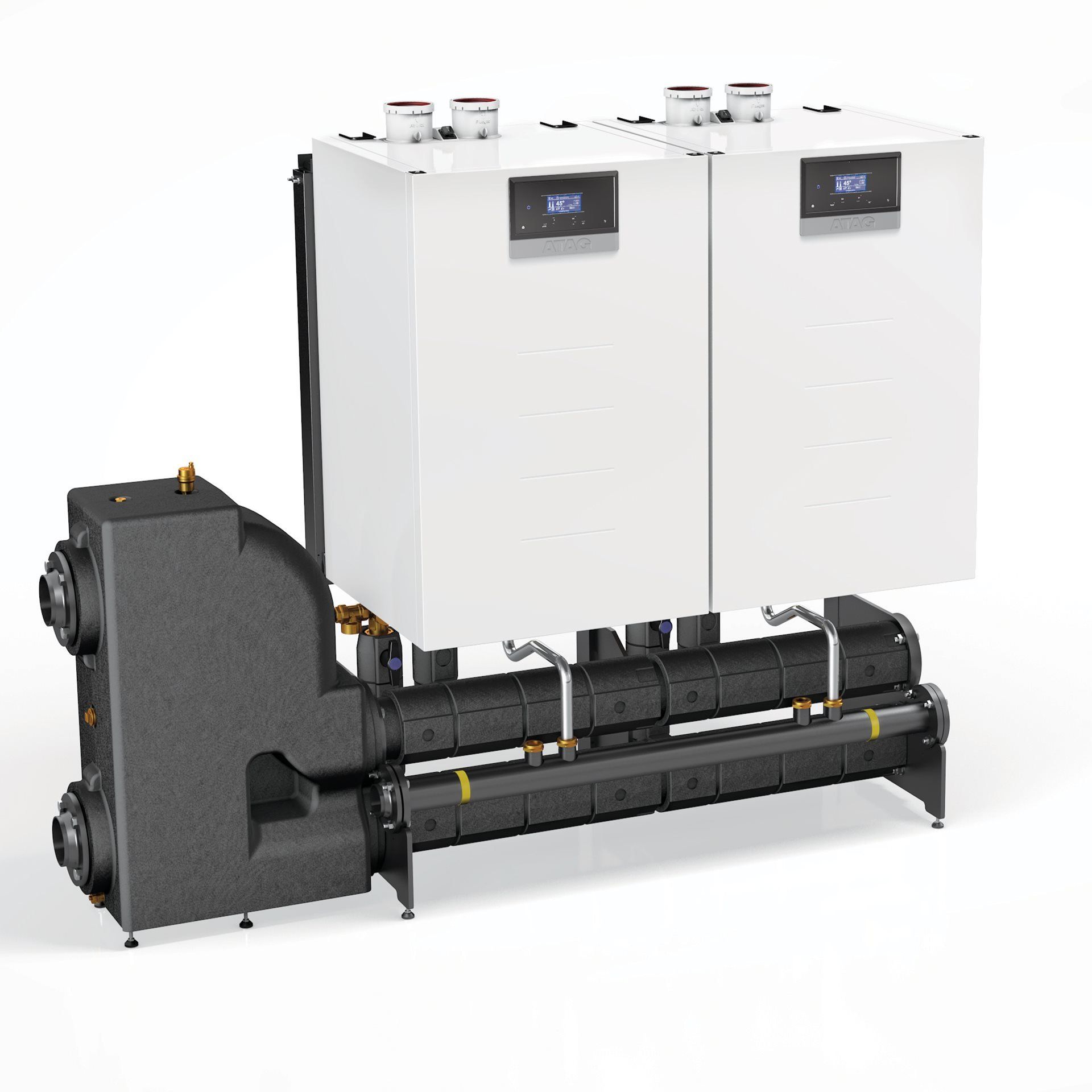 two white boxes are sitting next to each other on a white background .