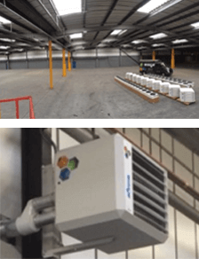 a picture of an empty warehouse and a picture of an warm air heater