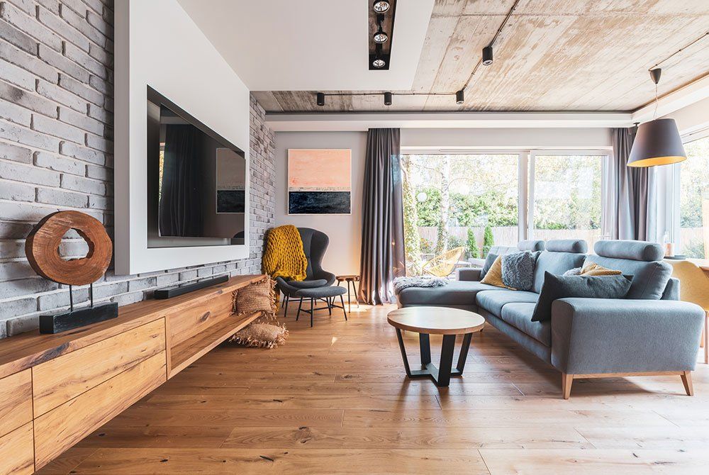 Elegant living room with light wooden floor