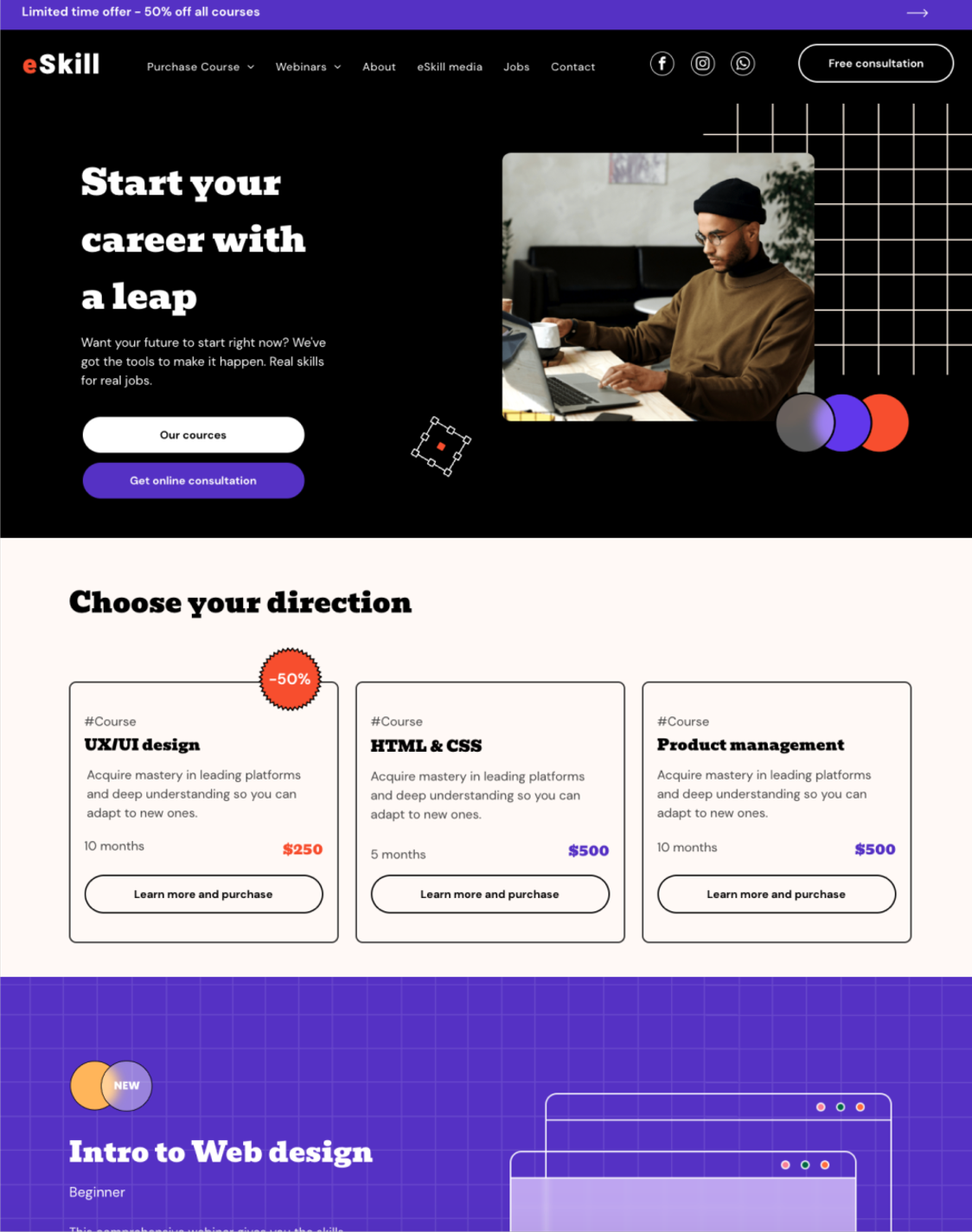 Online education website mockup