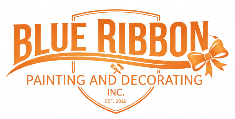 Blue Ribbon Painting and Decorating logo with orange text and ribbon bow.