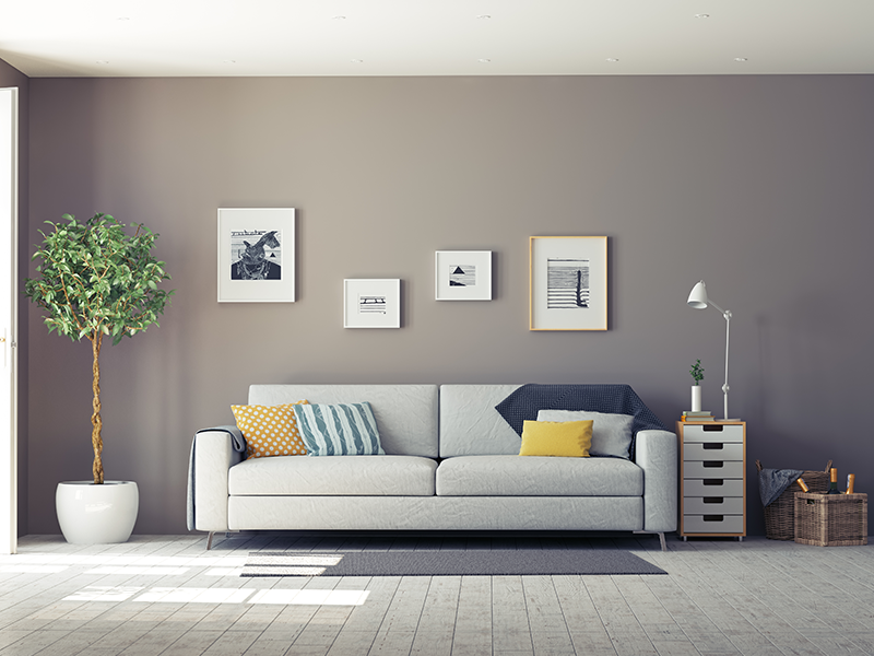 Living room with gray sofa, potted tree, artwork, and side table.