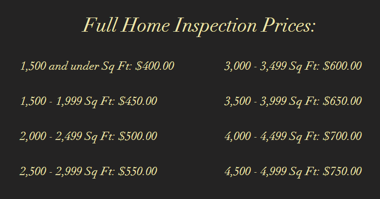 Price list for full home inspections based on square footage.