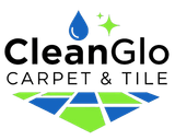 CleanGlo Carpet & Tile logo: Blue water drop and green sparkles above black text, tiled floor graphic below.